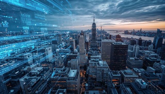 Futuristic Urban Skyline with Digital Data Overlay at Dusk