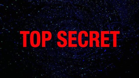 Top secret warning over neon cyber vortex with red stencil text and digital data noise