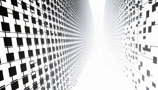 Monochrome grid facades leading to vanishing point abstract urban canyon perspective