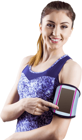 Smiling Fit Woman Displaying Smartphone Armband with Transparent Background