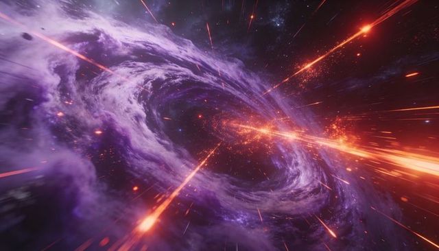 Swirling purple vortex emitting fiery orange beams and sparks in deep space spiral core