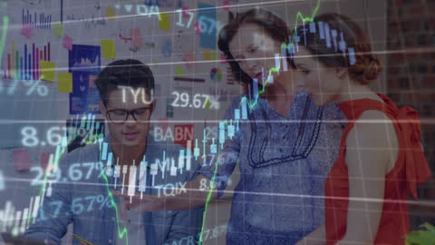 Financial Team Analyzing Data with Overlay of Stock Market Charts