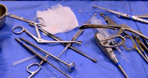 Close-up of surgical instruments in operative room