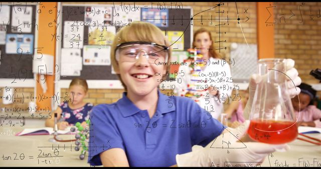 Image of mathematical equations over caucasian boy performing experiment in laboratory at school. School and education concept