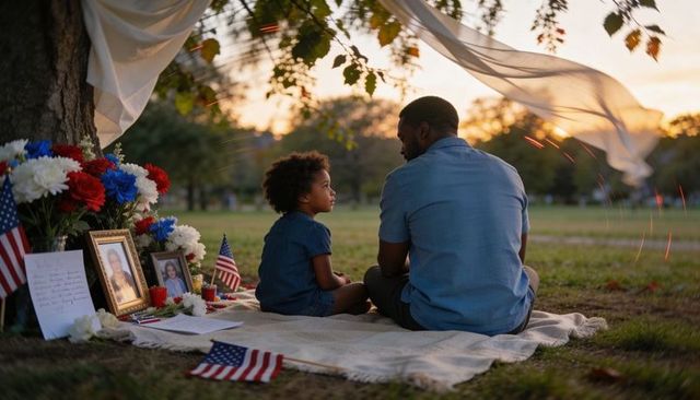 Father comforting daughter at patriotic memorial under tree during golden hour