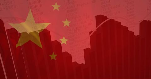 Chinese Flag Overlaying Digital Data and Graph Analysis