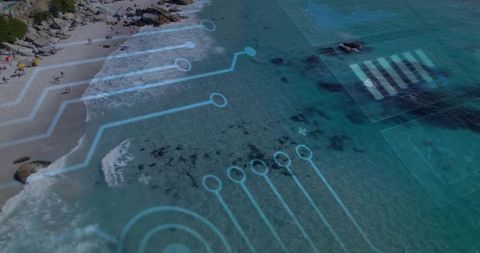 Aerial turquoise coastline with circuit overlay blending beach technology and leisure