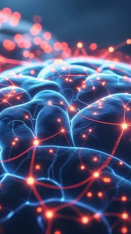 Vertical 3D neural network video showing sparking pulses racing across cortical surface