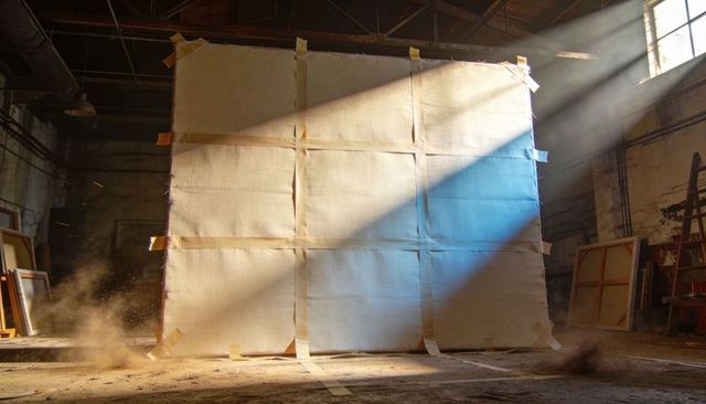 Sunlit warehouse studio displaying large taped canvas with dust rays and framing tools