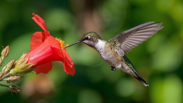 Hummingbird Hovering Near Crimson Flower in Garden