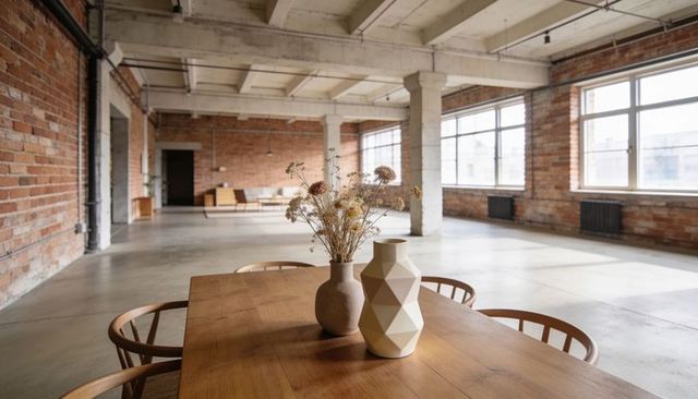 Sunlit minimalist industrial loft dining table geometric ceramic vase dried flowers
