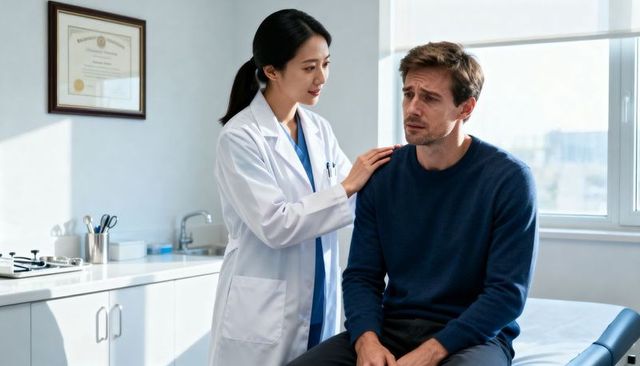 Doctor comforting worried patient on exam table during consultation in bright clinic