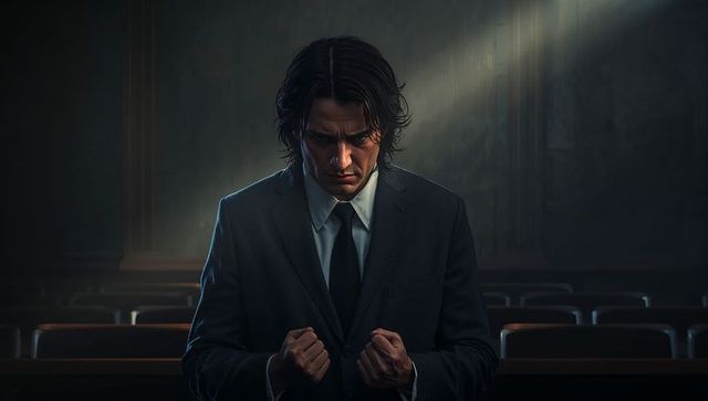 Brooding man standing in dark suit clenching fists bowing head in dim hall with pews