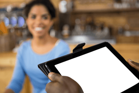 Transparent Hand Holding Tablet Preparing for Business Presentation