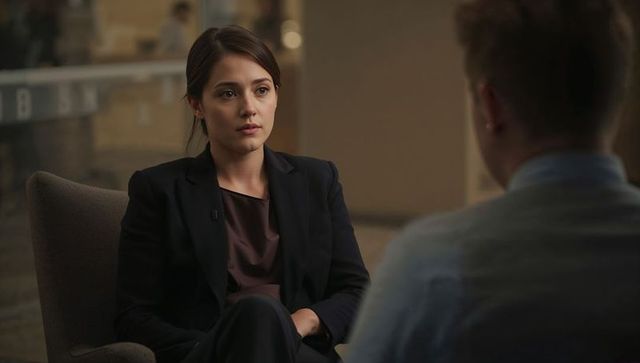 Young professional listening in one-on-one corporate interview with lapel mic, office lounge