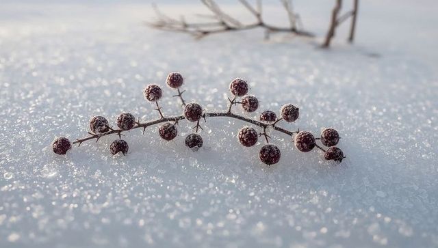 Glistening frosted red-berry sprig lying on sparkling winter snow with crystal glow