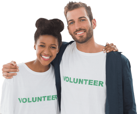 Smiling volunteers wearing matching shirts on transparent background