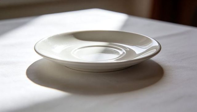 Minimalist white porcelain saucer casting oval shadow on sunlit table with reflections