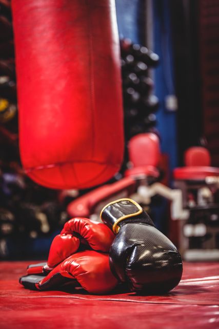 Boxing gloves lying on the floor of a boxing ring with a red punching bag in the background. Ideal for use in fitness, sports, and training-related content. Perfect for promoting boxing gyms, workout routines, and combat sports equipment.