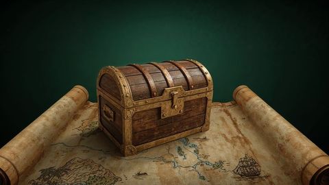 Vintage treasure chest with nautical map on wooden table