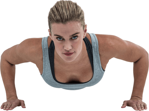Focused woman performing push-up on transparent background