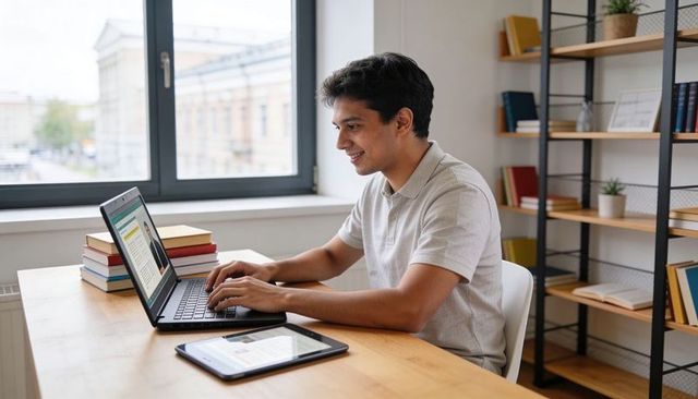 Young man typing on laptop in bright home study with tablet and stacked books