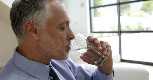 Man drinking water glass at home