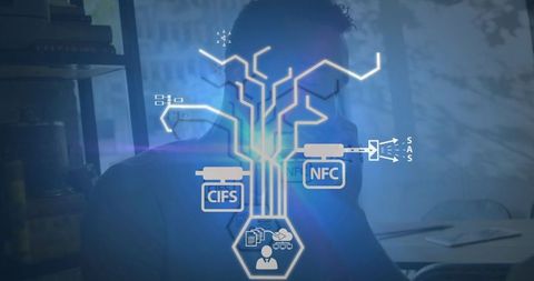 Businessman Utilizing Smartphone with Technological Interface