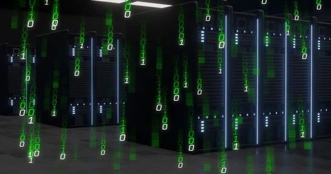 Illuminated server racks streaming binary code in data center