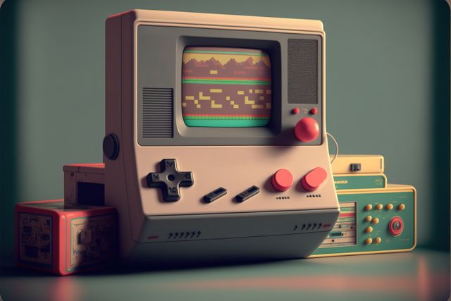 Nostalgic scene featuring a retro video game console alongside vintage handheld gaming devices. Perfect for articles or advertisements related to gaming history, retro technology, and nostalgia-driven marketing campaigns. Can also be used in design projects needing a vintage gaming theme.