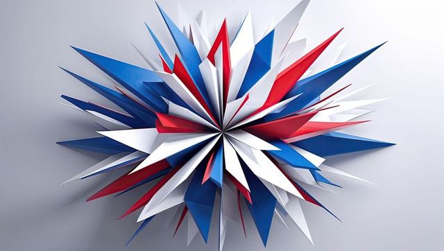 Dynamic geometric starburst with red, white, and blue facets