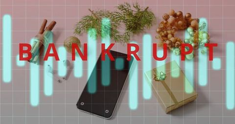 Bankrupt concept showing smartphone and gift with falling financial graph and holiday decor