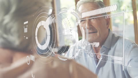 Elderly Man with Futuristic Holographic Interface Overlay