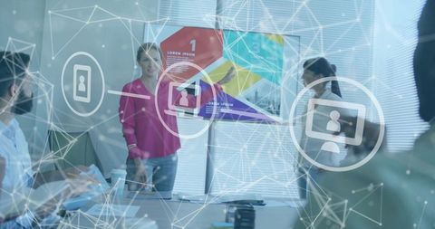 Businesswoman Leading Digital Networking Presentation in Modern Office