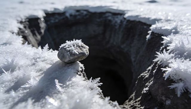 Pebble adorned by star frost crystal on snow-covered crevice rim with sunlit ice sparkle