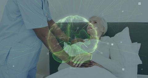 Nurse Supports Elderly Patient with Brain Hologram Overlay