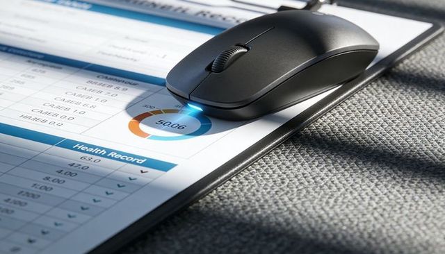 Wireless mouse resting on clipboard over health record donut chart showing data analytics