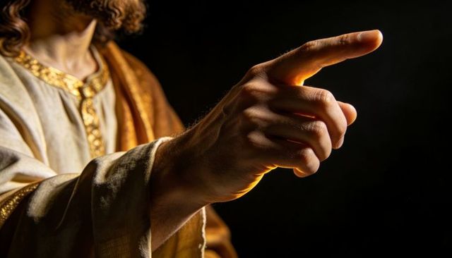 Pointing bearded man wearing embroidered robe and golden drape, dramatic chiaroscuro lighting