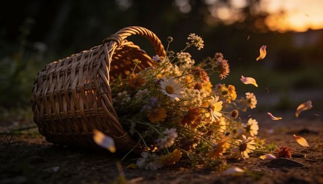 Wicker basket spilling wildflowers on sunset path, golden backlit petals in breeze