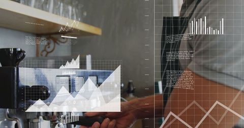 Barista Using Digital Tech Processes Espresso with Data Analytics Overlay