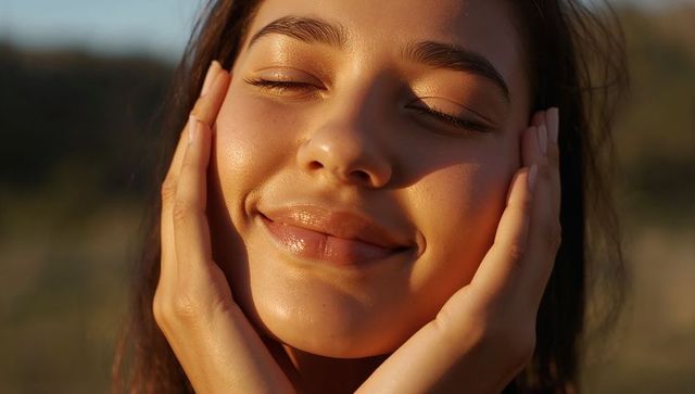 Hispanic woman smiling and cupping face during golden hour with dewy skin glow