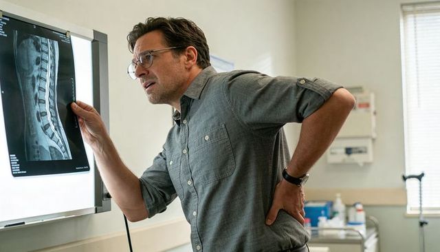 Middle-aged man examining lumbar spine x-ray while holding lower back in clinic