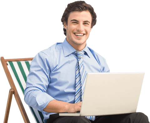 Smiling Businessman with Laptop on Transparent Background
