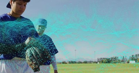 Concentrated Baseball Player with Digital Turquoise Energy Overlay