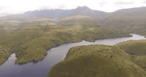 Transparent Aerial View of Serpentine River through Green Hills