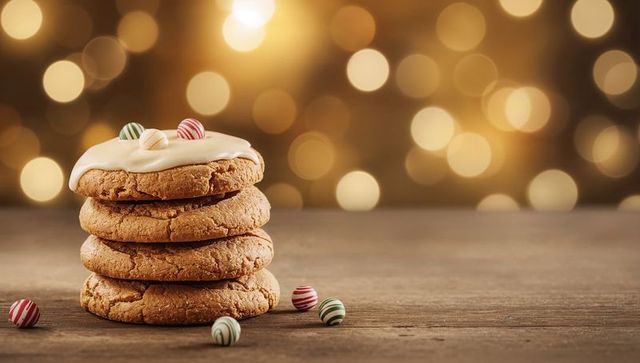 Stacked iced cookies with festive striped candies on rustic table, warm bokeh