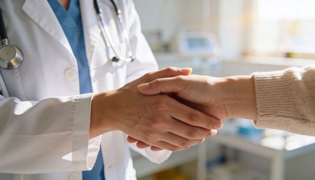 Doctor shaking patient's hand in clinic room conveying trust compassionate medical care
