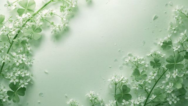 Framing clover leaves and small white flowers blooming on mint pastel backdrop