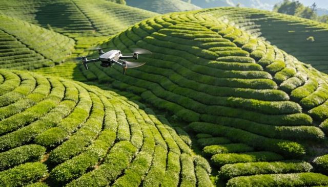 Compact drone surveying vibrant terraced tea plantation over sunlit rolling green hills