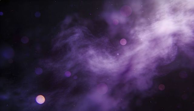Swirling purple nebula with stellar dust and pink bokeh in deep space galaxy